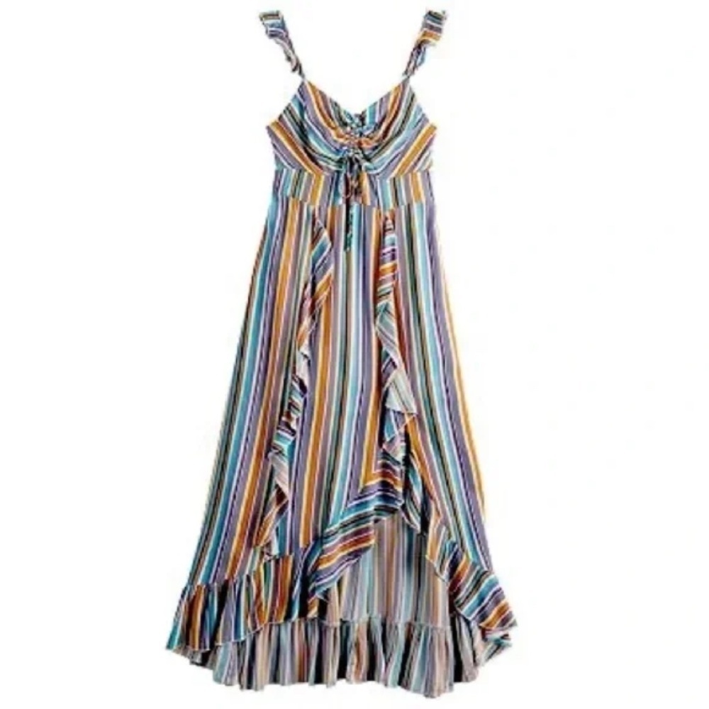 Hint of Mint | New Multicolor Striped Ruffled Smocked Maxi Dress, Juniors Large